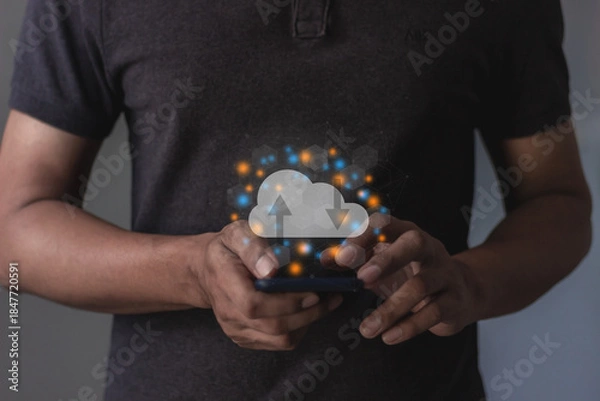 Obraz Young man with smartphone mobile hand touching to cloud computing diagram, Data storage, Cloud technology, Cloud Computing Storage