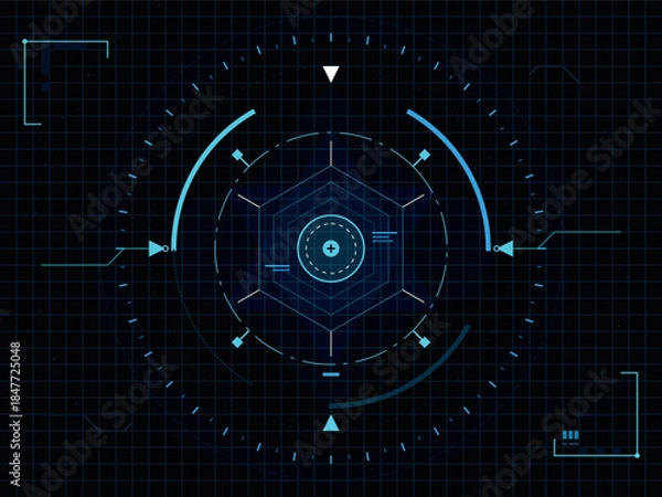 Obraz Futuristic HUD interface with radar display, targeting reticles, data grids, and digital control panels. Sci-fi user interface dashboard concept