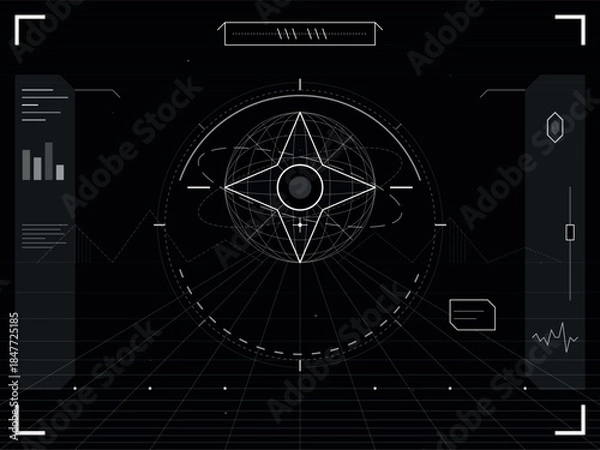 Obraz Futuristic HUD interface with radar display, targeting reticles, data grids, and digital control panels. Sci-fi user interface dashboard concept