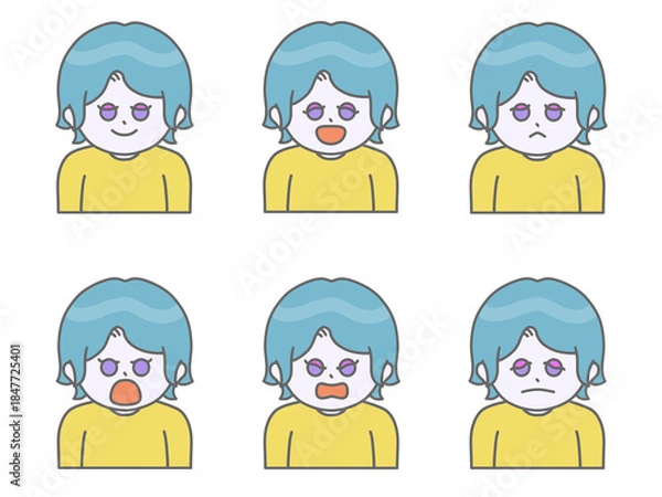Obraz いろんな表情をしている髪の短い女性のイラスト①　ビビットカラー　スカイブルー