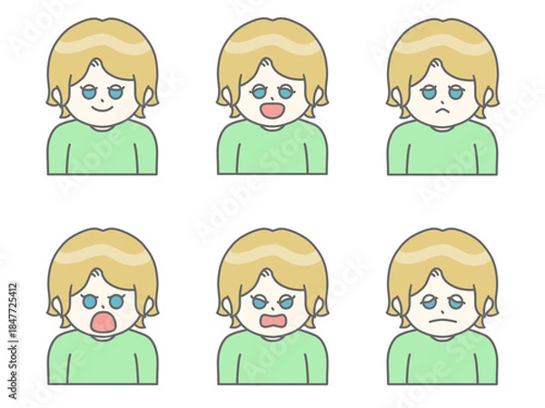Obraz いろんな表情をしている髪の短い女性のイラスト①　金髪×緑