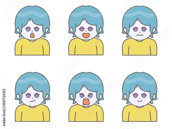 Obraz いろんな表情をしている髪の短い女性のイラスト②　ビビットカラー　スカイブルー