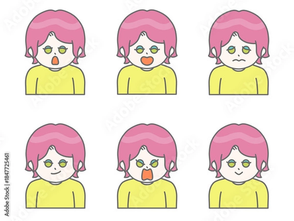 Obraz いろんな表情をしている髪の短い女性のイラスト②　ビビットカラー　ピンク
