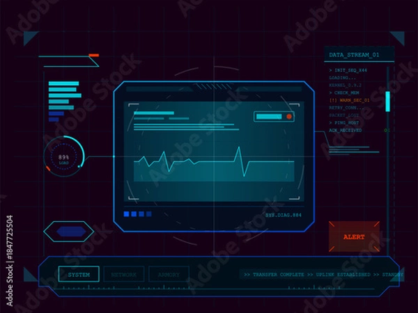 Obraz Futuristic HUD interface with radar display, targeting reticles, data grids, and digital control panels. Sci-fi user interface dashboard concept