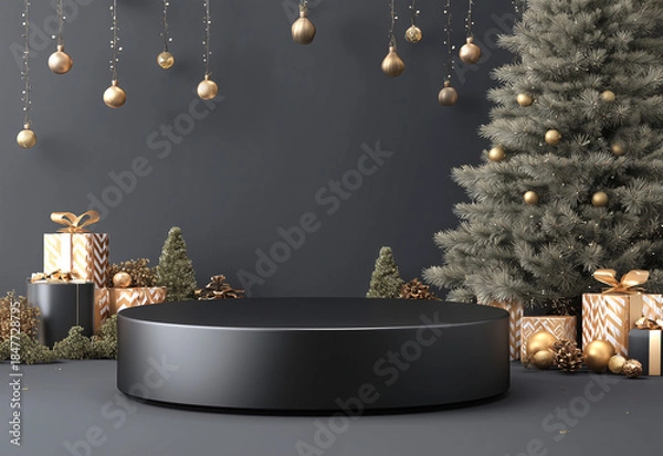 Obraz Fondo escénico que representa un ambiente navideño con una estética cálida, enfoque comercial y una elegante composición decorativa. Pedestal rodeado de regalos y árboles decorativos
