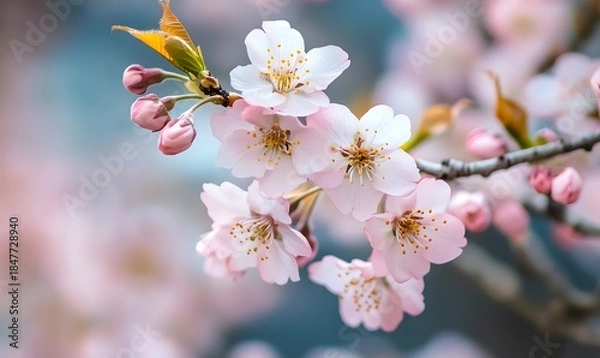 Obraz Delicate pink cherry blossoms on a branch soft focus