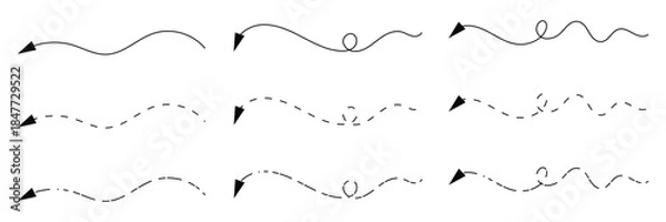 Fototapeta Long squiggle dashed, dotted line arrow vector icon on white background. Vector Illustration.