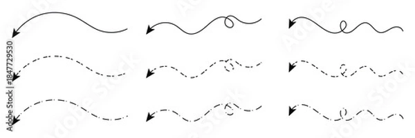 Fototapeta Long squiggle dashed, dotted line arrow vector icon on white background. Vector Illustration.
