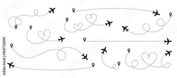 Fototapeta Airplane dotted line paths with location pins illustrating various travel routes and journey concepts