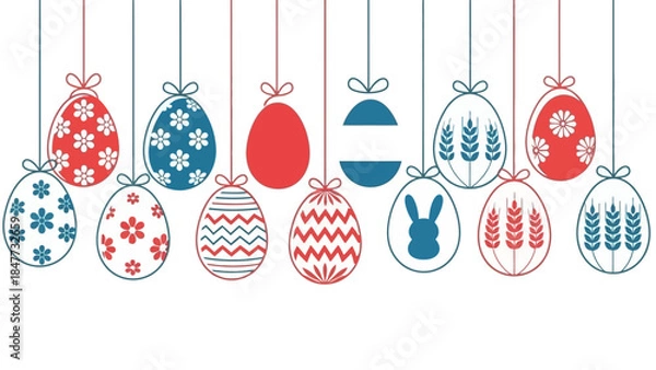 Fototapeta A row of red and blue hanging Easter eggs with various patterns like flowers, snowflakes, stripes, wheat, and a bunny silhouette.