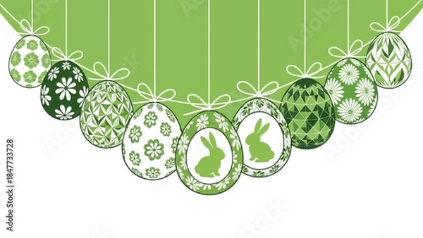 Fototapeta A row of nine green and white decorated Easter eggs with various patterns, including rabbits and flowers, hanging against a green background.