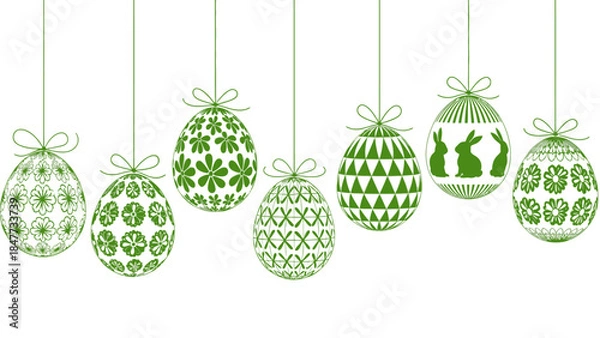 Fototapeta Seven green decorative Easter eggs with various patterns and bunny silhouettes hanging by ribbons against a white background, symbolizing spring festivities.