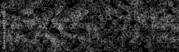 Obraz Abstract geometric wireframe background with white outlined shapes on dark backgrounds. AI data complexity, digital randomness, artificial intelligence, creative technology, modern design concept.