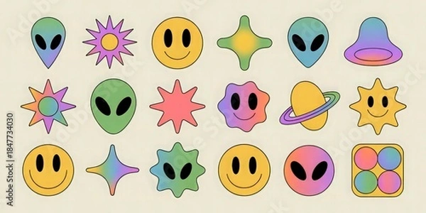 Obraz Alien and Fire Emoji Sticker Pattern on Light Background.