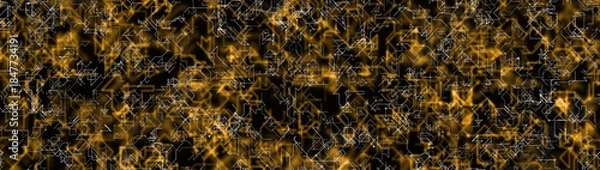 Obraz Abstract digital technology background with white circuit lines over glowing golden network patterns on a dark backgrounds. Artificial intelligence, data flow, AI computing systems, futuristic tech.