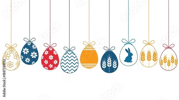 Fototapeta row of red and blue hanging Easter eggs