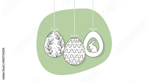 Fototapeta Three decorative Easter eggs with various patterns, including a bunny silhouette, hanging against a soft green background, in a minimalist line art style.