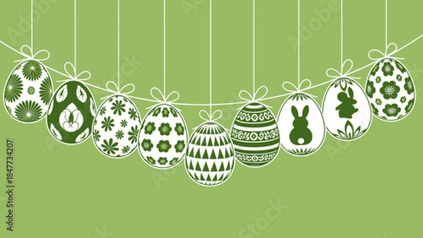 Fototapeta A string of nine white Easter eggs with various green patterns and bunny silhouettes hanging against a light green background.