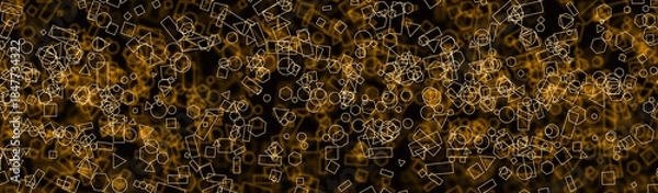 Obraz Abstract golden geometric wireframe background with outlined shapes on dark backgrounds. AI complexity, artificial intelligence technology, big data analytics, innovation, and digital tech pattern.