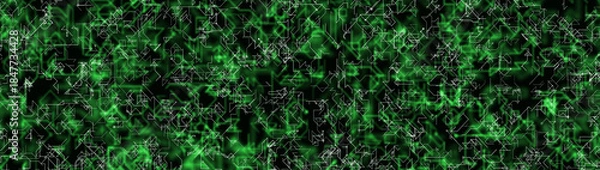 Obraz Abstract digital technology background with white circuit lines over glowing green network patterns on a dark backgrounds. Artificial intelligence, data flow, AI computing systems, and cybersecurity.