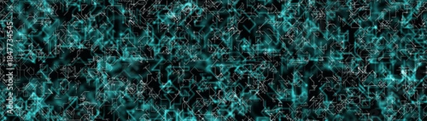 Obraz Abstract digital technology background with white circuit lines over glowing teal network patterns on dark backgrounds. Artificial intelligence, data flow, AI computing systems, digital connectivity.