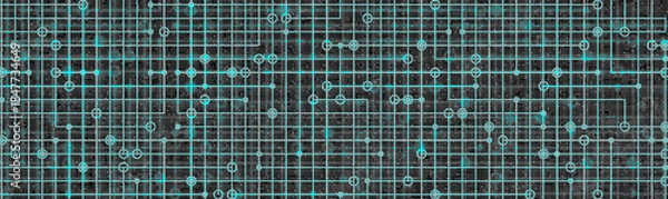 Obraz Abstract cyan digital technology background, blueprint grid with glowing circuit lines and nodes on dark backgrounds. AI data infrastructure, cloud computing system, artificial intelligence, network.