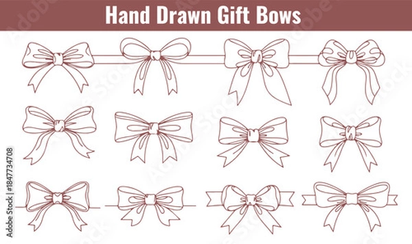 Obraz Hand drawn doodle gift bow set with ribbon knots and decorative elements vector illustration isolated on background for festive greeting cards and celebration designs.