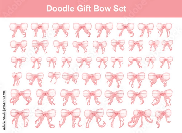 Obraz Hand drawn pink watercolor doodle gift bow set isolated on white background for greeting cards, invitations and festive decorations.