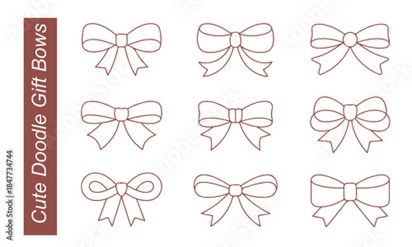Obraz Cute doodle gift bow set hand drawn brown ribbon knots vector illustration isolated on white background for greeting cards and scrapbooking elements.