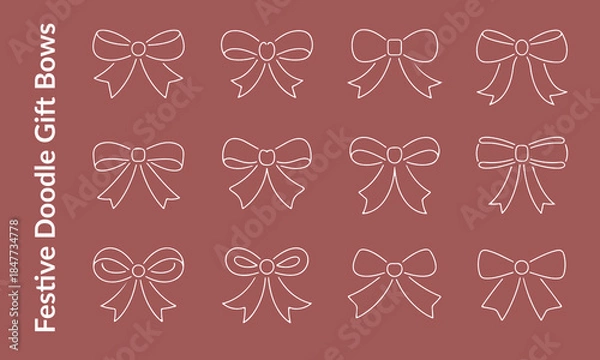 Obraz Festive white doodle gift bows and ribbon knots set hand drawn vector line art illustration on dark background for holiday greeting cards.