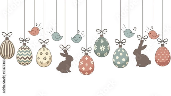 Fototapeta Pastel Easter decorations featuring hanging patterned eggs, bunny silhouettes, and small singing birds on strings with bows.