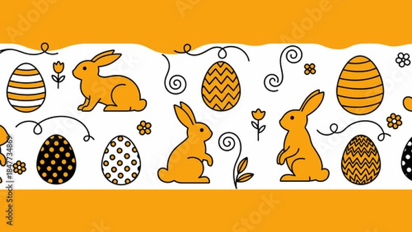 Fototapeta A seamless Easter border pattern featuring orange bunnies, decorated eggs, and small flowers on a white background with orange edges.