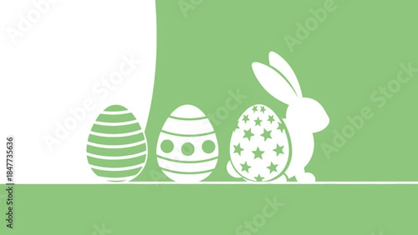 Fototapeta A minimalist graphic illustration of an Easter bunny silhouette standing next to three decorated Easter eggs on a light green background.