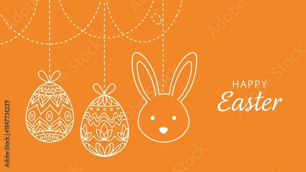 Fototapeta A minimalist illustration of two decorated Easter eggs and a bunny head hanging on an orange background with "Happy Easter" text.