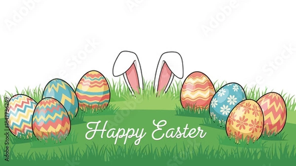 Fototapeta A festive illustration of colorful Easter eggs in green grass with bunny ears peeking out and "Happy Easter" text.