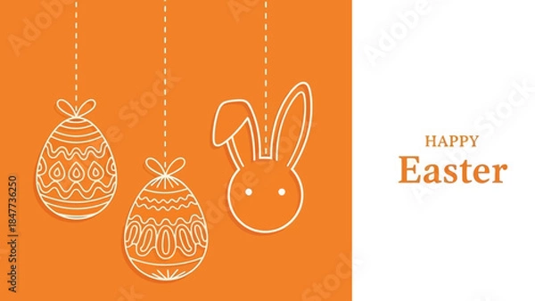 Fototapeta Happy Easter greeting card with hanging decorated eggs and a bunny head outline on an orange and white background.