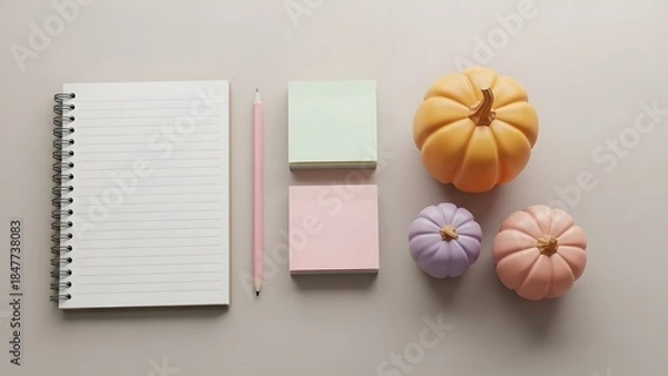 Obraz Organized workspace with notebook and decorative pumpkins