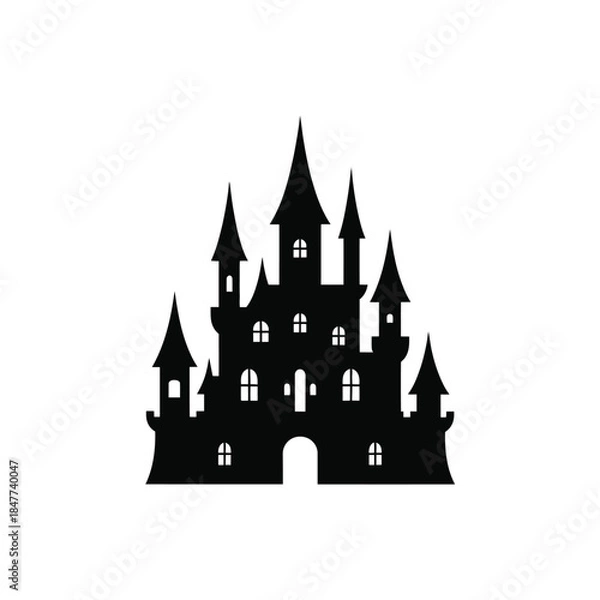 Fototapeta A striking silhouette of a dark gothic castle with multiple towers