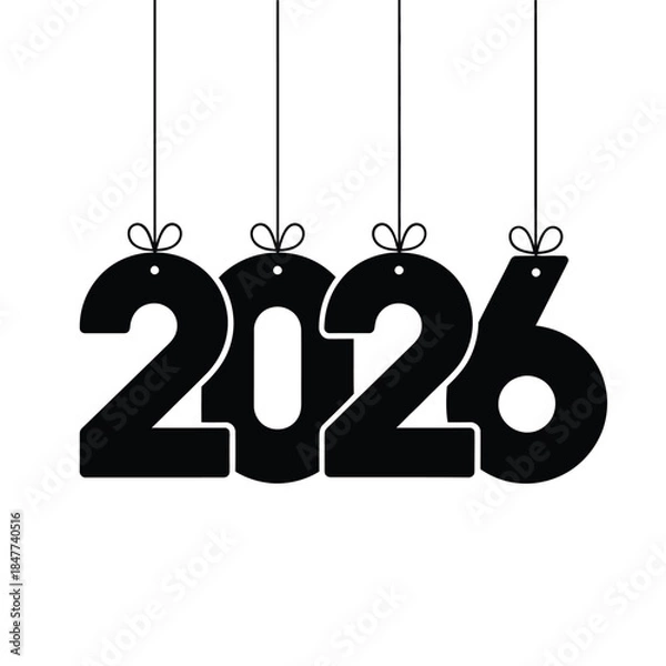 Fototapeta Black new year 2026 numbers hanging from delicate string ornaments displayed