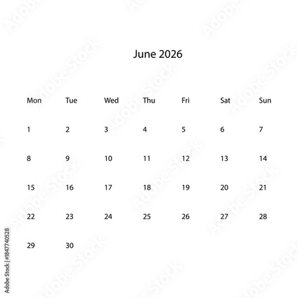 Obraz June 2026 calendar vector icon