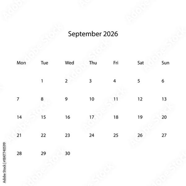 Obraz September 2026 calendar vector icon