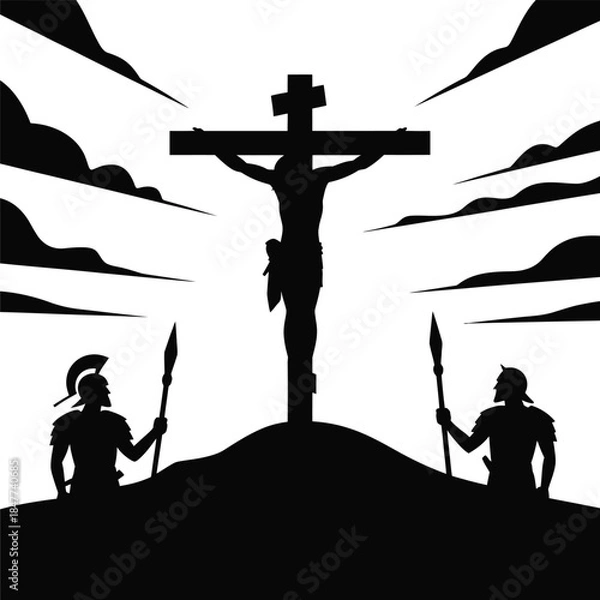 Fototapeta Silhouette of crucifixion scene with roman soldiers and a cloudy sky