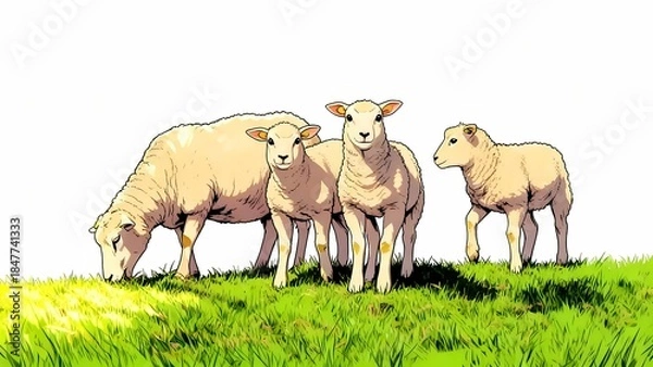 Fototapeta sheep grazing comic illustration