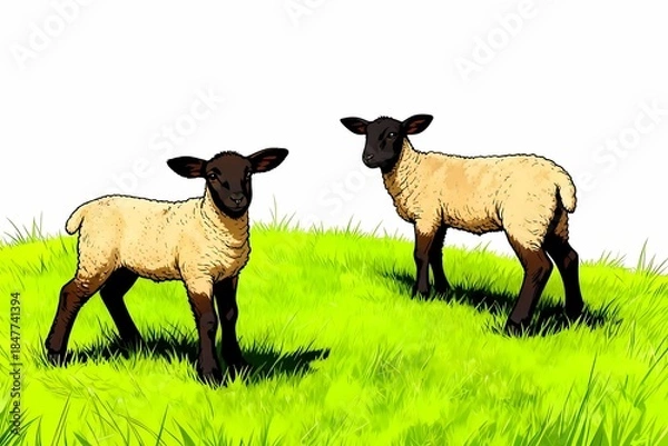 Fototapeta two lambs green field comic