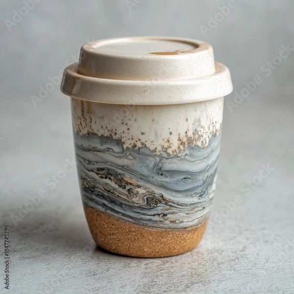 Obraz Reusable Ceramic Coffee Cup with Marble Texture and Cork Base