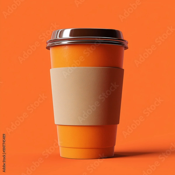 Obraz Orange Coffee Cup Mockup with Sleeve on Solid Background