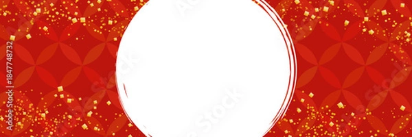 Obraz 和柄 七宝文様と金箔風装飾の円形フレーム背景／新年・正月デザイン | ベクター素材 バナー カード コピースペース フライヤー POP 