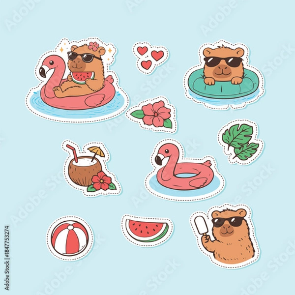 Fototapeta Cute Capybara Summer Sticker Set with Flamingo and Tropical Elements