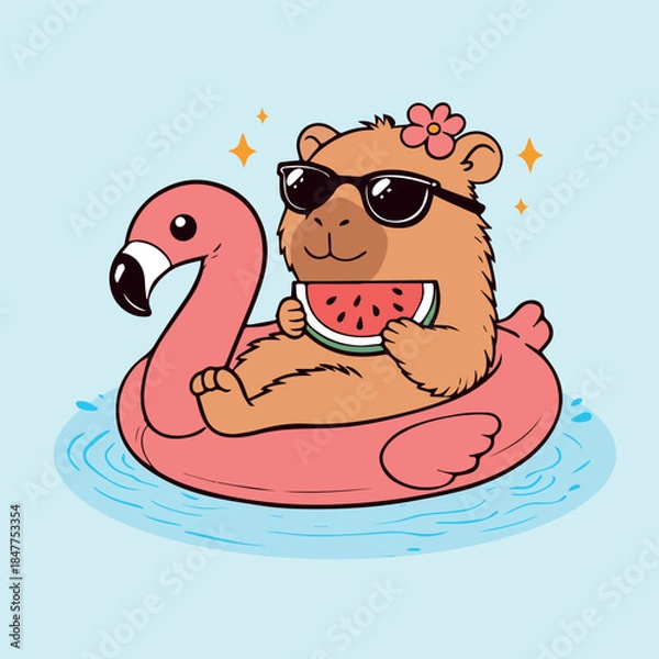 Fototapeta Cute Capybara on Flamingo Pool Float Summer Illustration