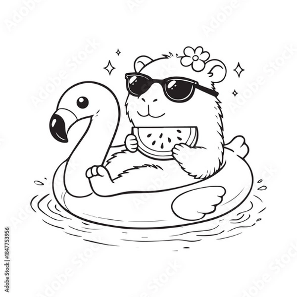 Fototapeta Cute Capybara Relaxing on Flamingo Pool Float Line Art